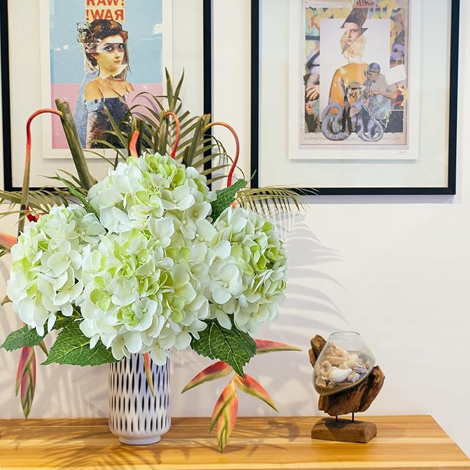 4 Pcs White/Green Real Touch Hydrangeas Artificial Hydrangeas Flowers Faux Latex Hydrangea for Kitchen Living Room Porch Fall Home Decor Baby Shower Party Wedding Xmas Table Centerpiece