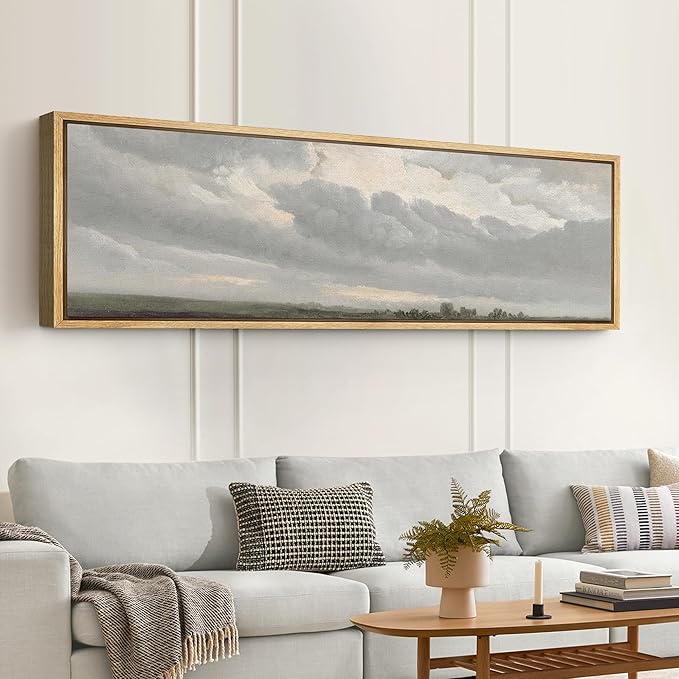 SIGNFORD Large Framed Canvas Print Wall Art Expansive Cloudy Sky Over Landscape Soft Neutral Horizon Scene Illustrations Modern Art Relax/Calm Warm for Living Room, Bedroom, Office - 60"x20"