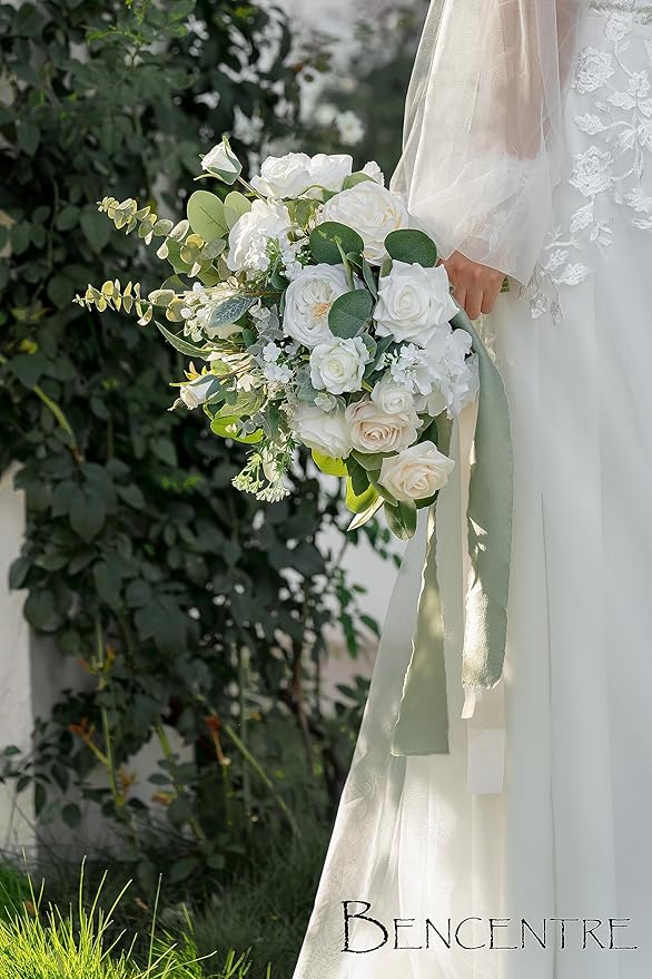 14 Inch White Bridal Bouquet,Wedding Bouquet,Bride Bouquets for Wedding Ceremony Anniversary, Party and French Rustic Vintage Wedding,Artificial Flowers