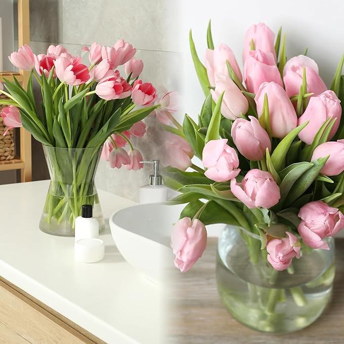 Sggvecsy 15 Pcs Fake Tulips Artificial Flowers Real Touch PU Faux Flowers Tulip Stems for Wedding Spring Bouquet Floral Arrangement Home Party Office Decorations for Mother's Day (Milk Pink)