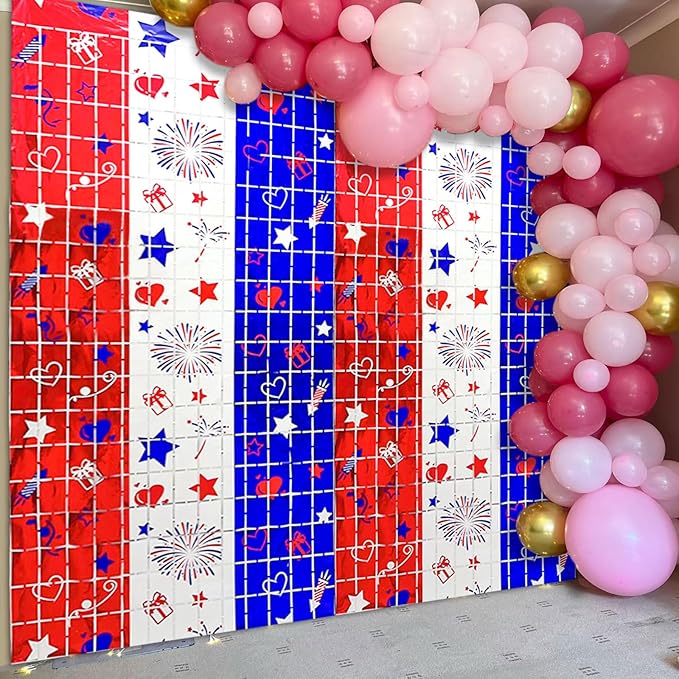 4th of July Decorations, 2 Packs 3.3x6.6ft 4th of July Photo Backdrop Streamer，Red White and Blue Tinsel Foil Fringe Curtains for Independence Day, America Patriotic, Memorial Day, Labor Day