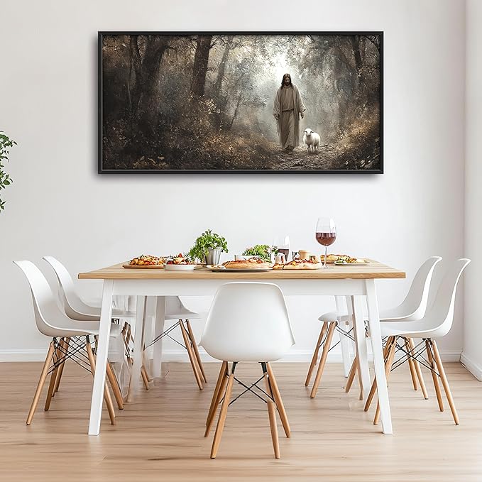 Vintage Christian Large Wall Art Framed Religious Wall Decor for Living Room Jesus Lamb Pictures Oversized Canvas Print Painting Modern Extra Large Artwork for Bedroom Office 60"x30"