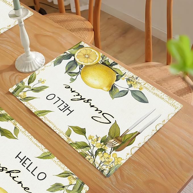 Lemon Iris Summer Placemats Set of 4, Rustic Fruit Place Mats, Country Hello Sunshine Dining Table Mats, Washable Placemats for Kitchen Dining Room Home Decor 18L'' × 12W''