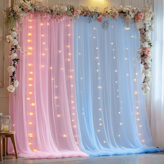 10x10ft Pink Blue Tulle Backdrop Curtain with Lights String for Parites, Sheer Backdrop Curtains for Wedding Baby Shower Birthday Party Photo Shoot Decorations