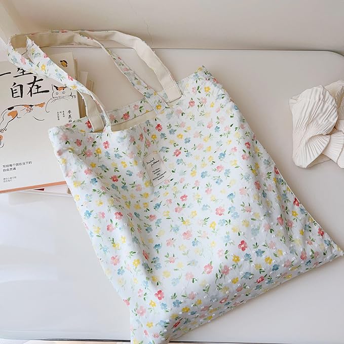 Cotton Canvas Tote Bag Reusable Soft Grocery Cloth Bag Floral Shoulder Bag for Beach Travel Shopping
