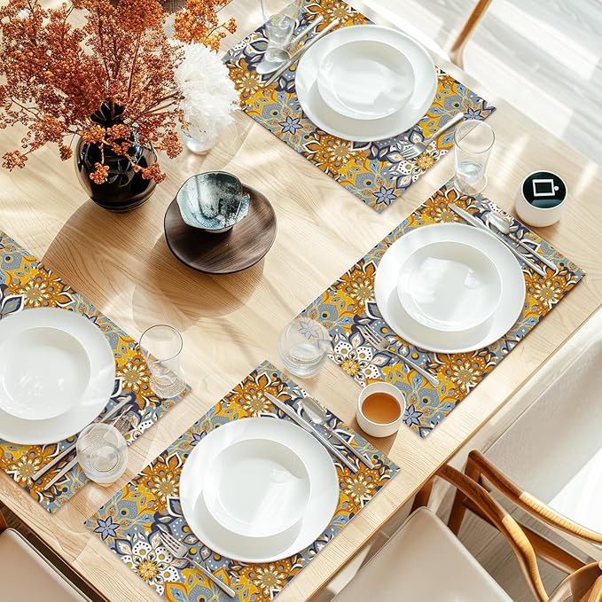 Cotton Linen Waterproof Placemats Set of 4, Blue Teal Flowers Bohemian Dining Mat Table Mats Decor Fabric for Kitchen Dinner Coffee Shop Table, Indoor/Outdoor Washable Wipeable Placemat -N018
