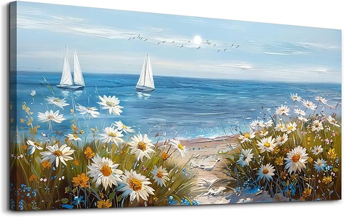 PHAOHUAXM Home Decor Printing Canvas Picture Blue Ocean Landscape Painting Wall Art For Living Room Farmhouse Dinin Mural White Flowers Bedroom Office Wall Decoration Artwork Easy To Hang 20x40 In