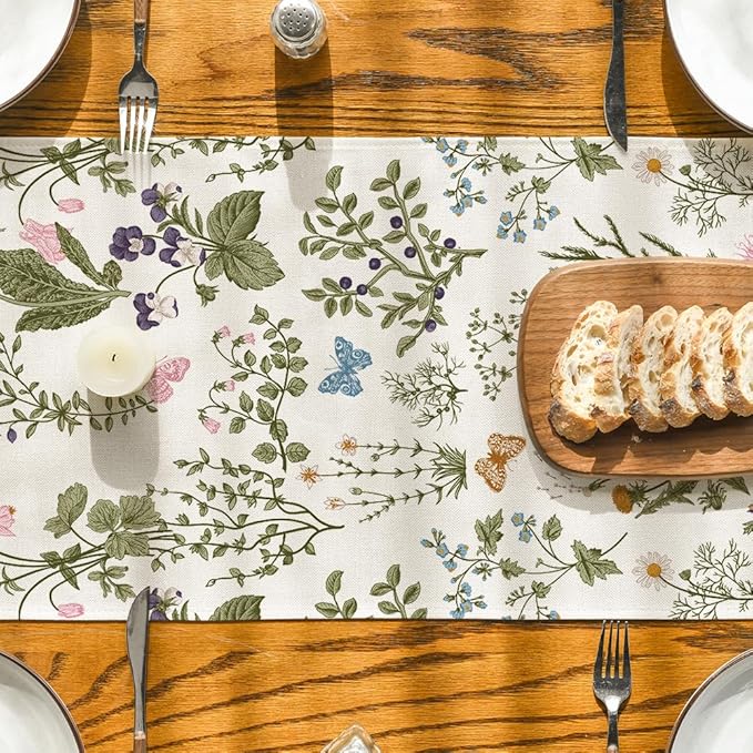 Artoid Mode Wildflowers Floral Spring Table Runner, Butterfly Seasonal Summer Kitchen Dining Table Decoration for Home Party Decor 13x120 Inch