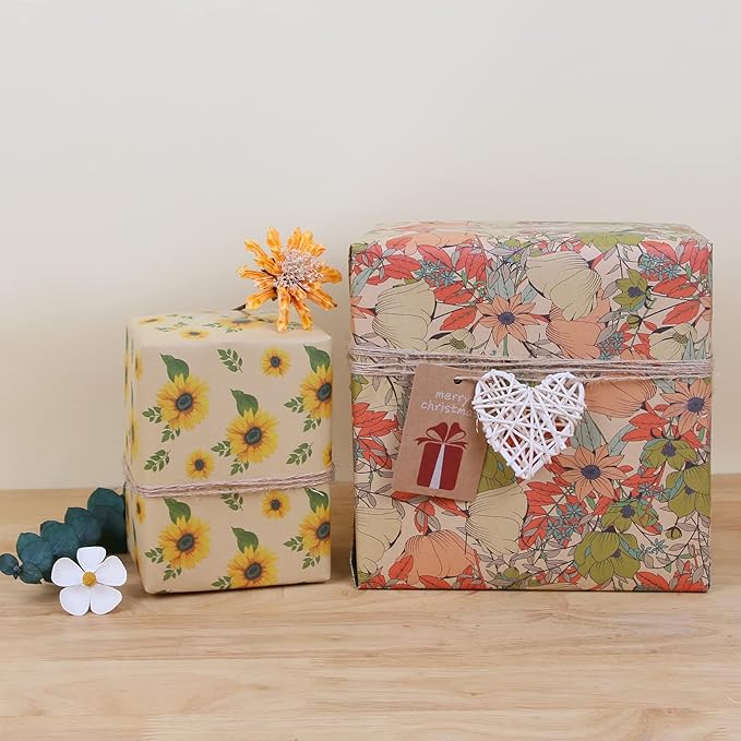 Aimyoo Sunflower Kraft Wrapping Paper Roll, All Occasion Floral Gift Wrap Paper for Wedding Bridal Shower Fall, 17 in x 10 ft