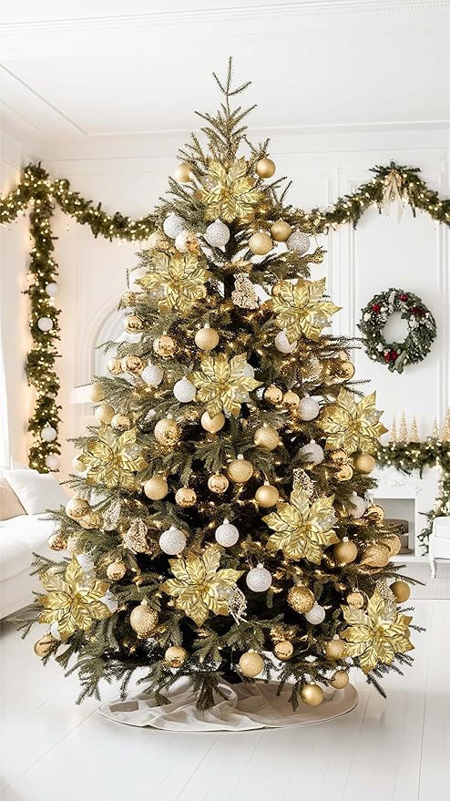 DILATATA 3 Pcs Artificial Christmas Flowers 11 Inch Glitter Poinsettia Picks Christmas Tree Ornaments Topper Decorations Gold Poinsettias Flowers for Xmas New Year Wreath Garland Wedding Party Decor
