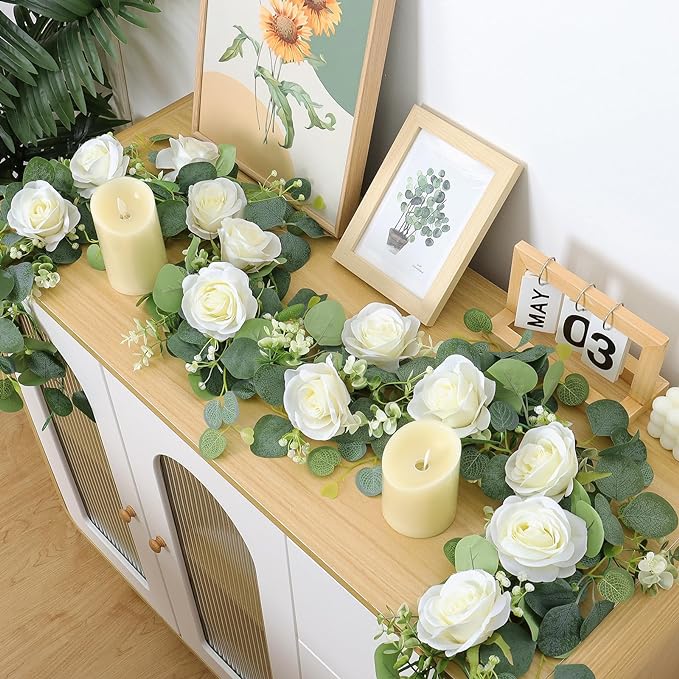 TOCHGREEN 2Pcs(13 Ft) Artificial Eucalyptus Flower Garland with White Rose Flowers,Faux Rose Vine Gypsophila Greenery for Home Party Wedding Table Decor (White, 2PCS)