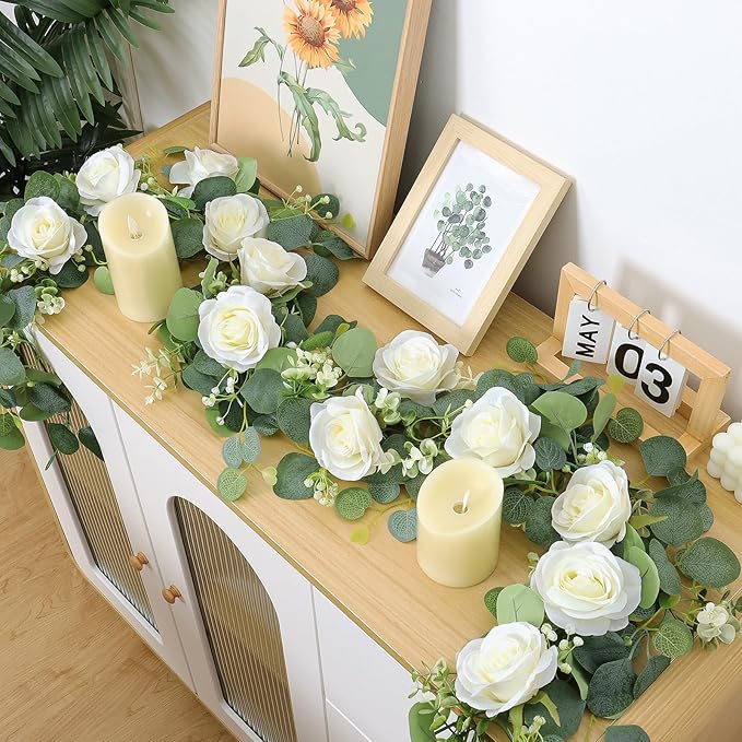 TOCHGREEN 4Pcs(26 Ft) Artificial Eucalyptus & White Rose Flower Garland, Faux Rose Vine & Gypsophila Greenery for Party & Wedding Decor (White, 4PCS)