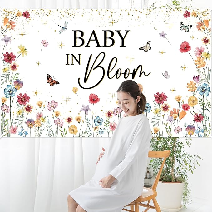 Avezano Wildflower Baby in Bloom Backdrop Banner Wildflower Baby Shower Party Decorations for Girls Gold Glitter Butterfly Spring Floral Baby in Bloom Party Supplies (6x3.6ft)