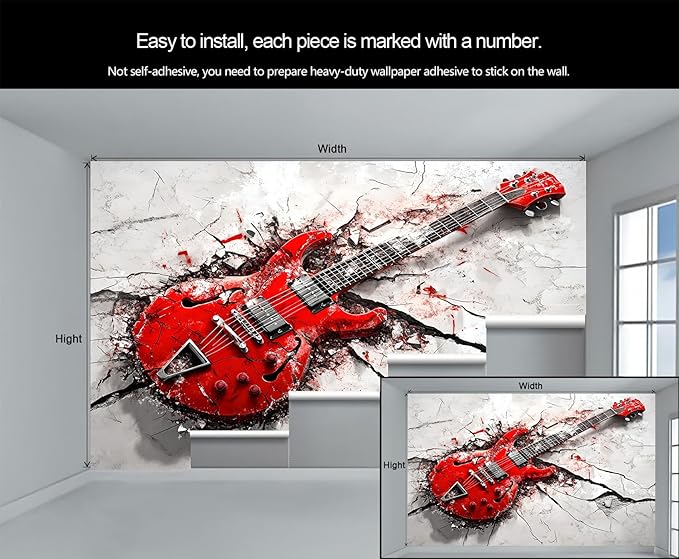 Red Electric Guitar Wall Mural, Grunge Style Guitar 3D Wall Murals, Rock Music 3D Explosion Wallpaper Mural, for Living Room Bedroom Large Wallpaper Indoor Decor 98.4" W x68.9 H