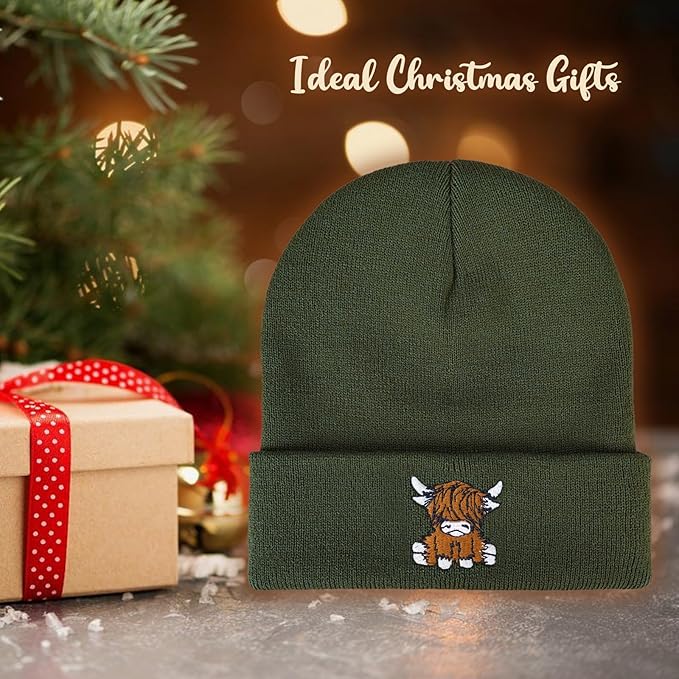 Scottish Highland Cow Beanie Hat, Cute Funny Cow Embroidery Winter Knit Skull Cap for Adult Men Women