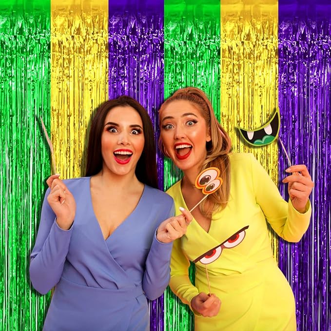 4 Pack Mardi Gras Foil Fringe Curtain Backdrop, 3.28Ft x 8.2Ft Gold Green Purple Metallic Tinsel Foil Fringe Streamers Curtains for Photo Booth, Wedding, Birthday Party Decoration