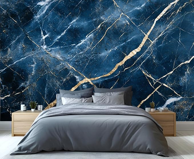 Blue Marble Wall Mural, Gold Vein Marble 3D Wall Murals, Luxury Navy Stone Wallpaper Mural, for Living Room Bedroom Large Wallpaper Indoor Decor 197" W x124.8 H