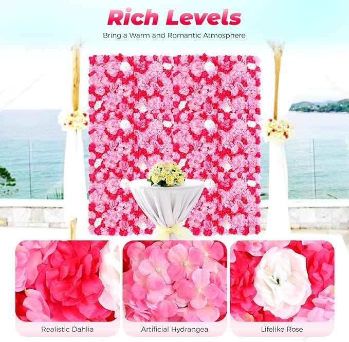 12pcs 24" x 16" Artificial Flower Wall Panel Background,3D Dark Pink Silk Dahlia Rose Flowers Wall Backdrop for Wedding Party Event Photo Backdrop Wall Decor (Type 1)