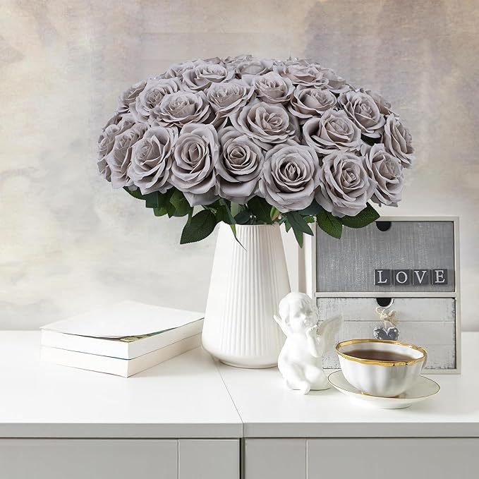 30pcs Artificial Rose Flower Grey Rose Flowers with Long Stem Silk Roses Bouquet for Wedding Bridal Shower Party Home Decoration