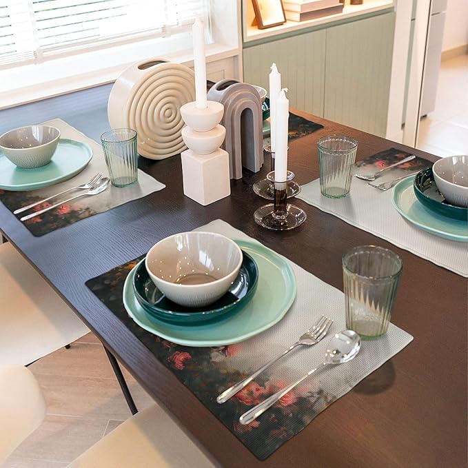 Placemats 4 pcs Vintage Oil Painting Flowers Double-Layer Imitation Linen Place Mats Non-Slip Heat-Resistant Tablemats for Home Restaurant Hotel 18×12 Inch
