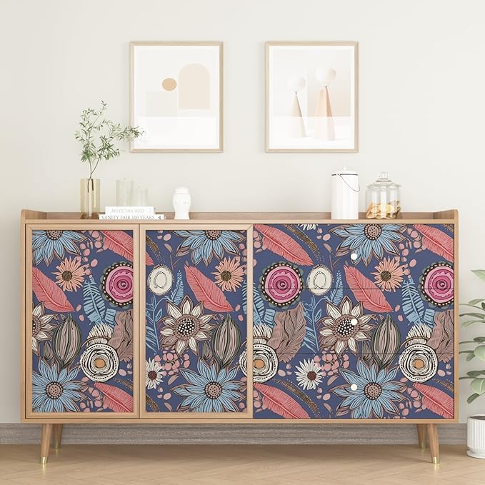 Boho Wallpaper Peel and Stick,Vintage Blue Pink Floral Contact Paper, Retro Antique Botanical Flowers Wall Paper Self Adhesive Removable Waterproof for Bathroom Shelves Cabinet Table 17.5" x 118"