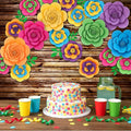 Frienda 36 Pcs DIY Paper Flower Decor Set with 83x59 Inch Custom Background Cloth and Rope, Artificial 3D Flower Wall Decor for Wall Bulletin Board Wedding Halloween Mexican Festive Party(Wooden)