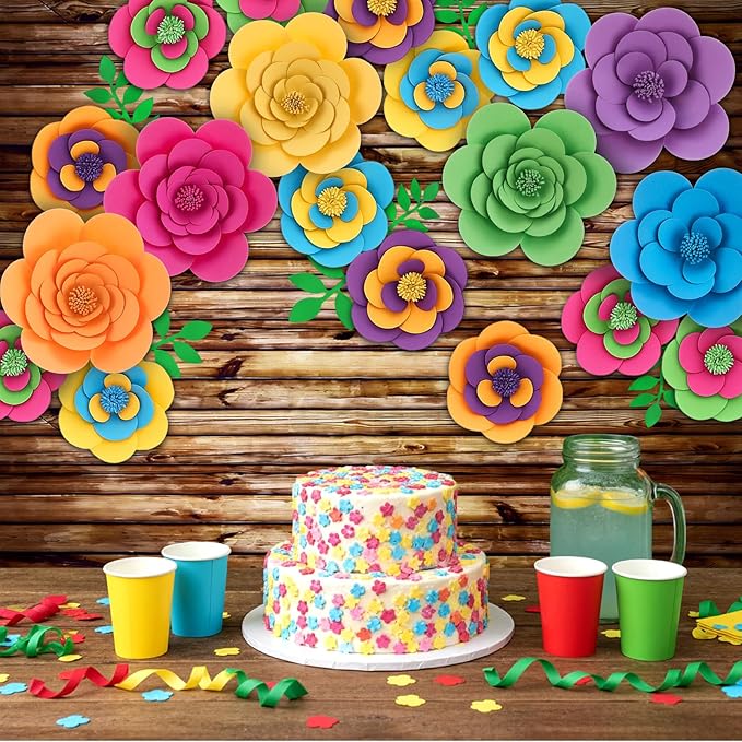 Frienda 36 Pcs DIY Paper Flower Decor Set with 83x59 Inch Custom Background Cloth and Rope, Artificial 3D Flower Wall Decor for Wall Bulletin Board Wedding Halloween Mexican Festive Party(Wooden)