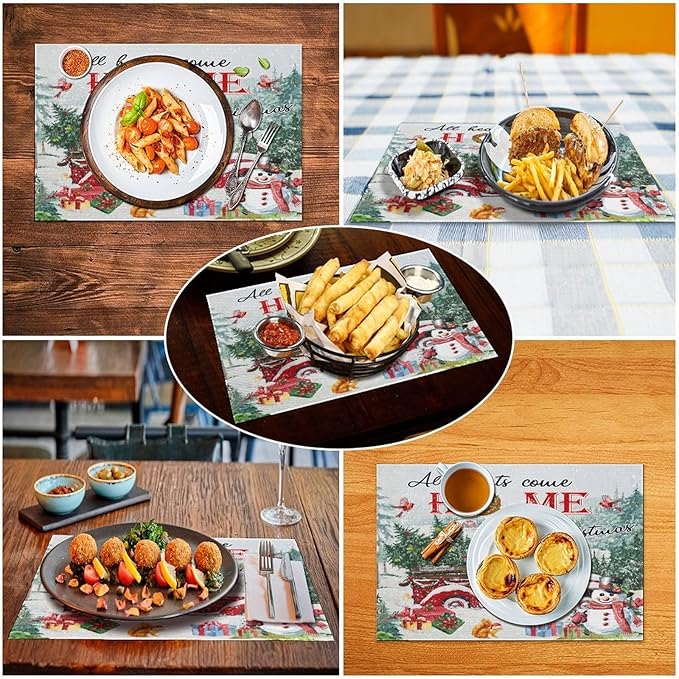 Merry Christmas Placemats Buffalo Plaid Red Truck with Christmas Tree, Winter Snowy Snowflake Snowman Placemats Table Kitchen Dining Party 12x18 Inch Set of 6