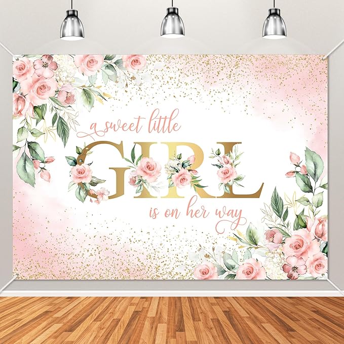 Avezano Girl Baby Shower Backdrop Pink Floral Sweet Baby Baby Shower Banner A Sweet Little Girl is on Her Way Party Decorations Banner (7x5ft)