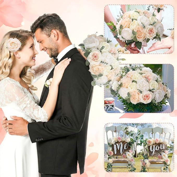 98 Pcs Assorted Faux Flowers Heads with Stem Eucalyptus Leaves Silk Artificial Flowers Bouquet Floral Table Centerpieces for DIY Wedding Party Wreath Home Decoration(Champagne,Stylish Style)