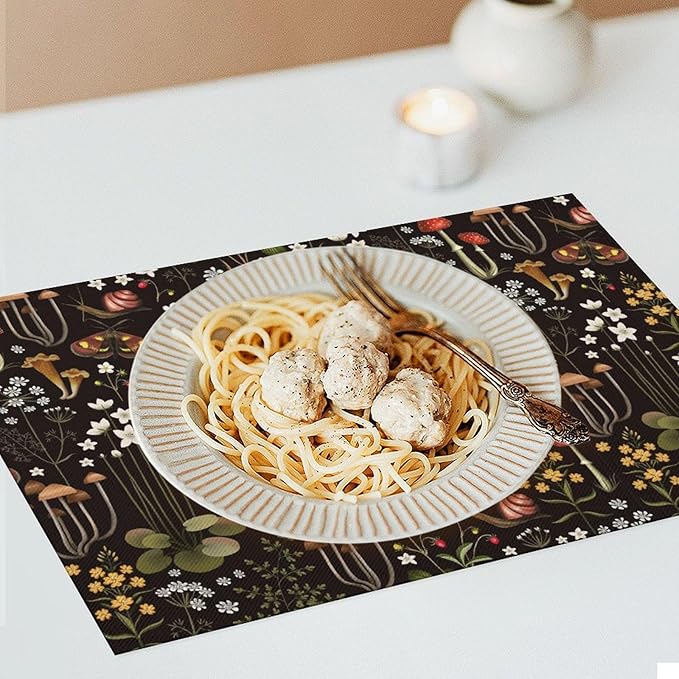 Mushroom Placemats Set of 6,Vintage Forest Moth Table Mats Heat Resistant Washable for Kitchen Dining Table Spring Summer Place Mats Linen 12x18 Inch 6 PCS, Style-4