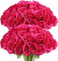 Artificial Rose Flower Artificial Flowers Flower with Long Stem Silk Roses Bouquet for Wedding Bridal Shower Party Home Decoration (Hot Pink, 50 Pcs)