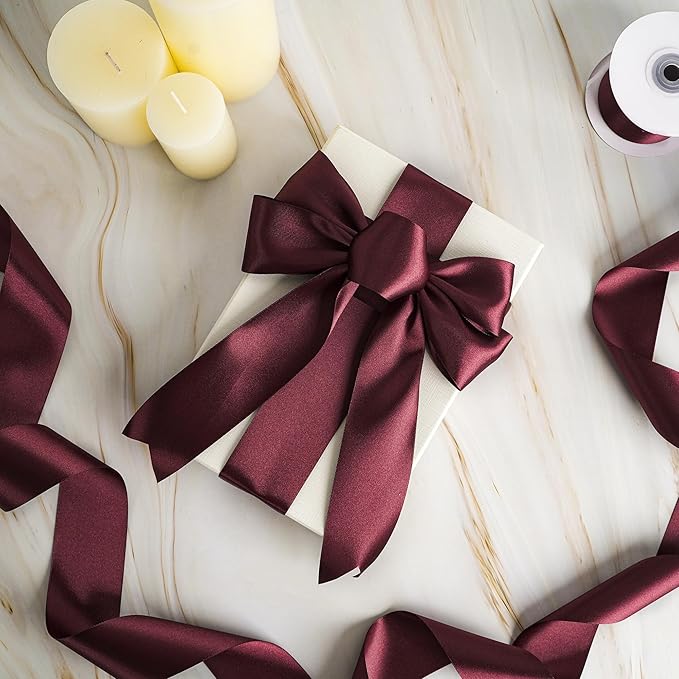 MEEDEE Satin Ribbon 2 inch Wide Double Faced Burgundy Ribbon for Christmas Tree, Crafts, Weddings, Flower Bouquet