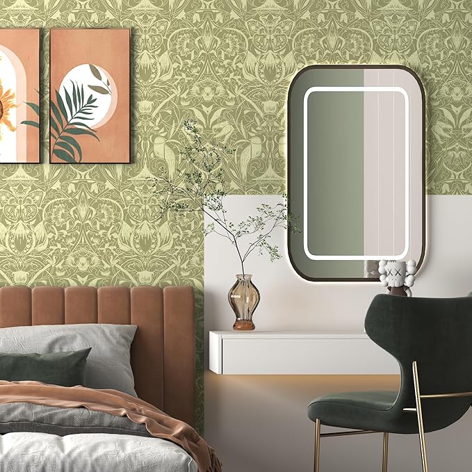 Vintage Peel and Stick Wallpaper Boho Bird Wall Paper Floral Contact Paper for Bedroom 17.3" X 393" Removable Wallpaper Self Adhesive Olive Green Botanical Decorative Wallpapers Bathroom Kitchen Vinyl