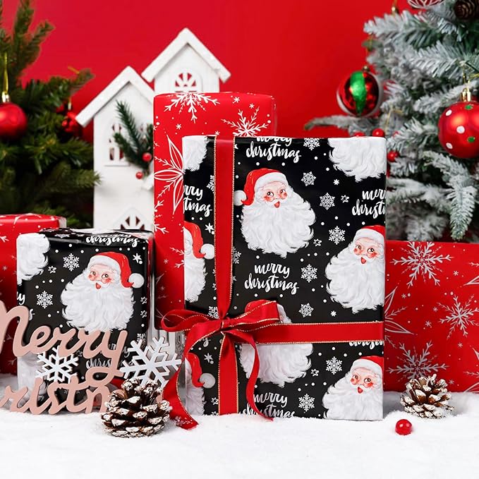 MAYPLUSS Christmas Wrapping Paper Roll - 17 Inch X 33 Feet - Merry Christmas Santa Claus Reversible Snowflake Gift Wrapping Paper, Thick Wrap Paper for Holiday Party New Year Kids