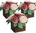 Dining Table Centerpiece Set of 3 - Pre-Made Aritifial Rose with Wooden Vase Fake Floral Arrangment Faux Flower for Wedding Bridal Tea Party Event Decorations - Dusty Pink & Champagne