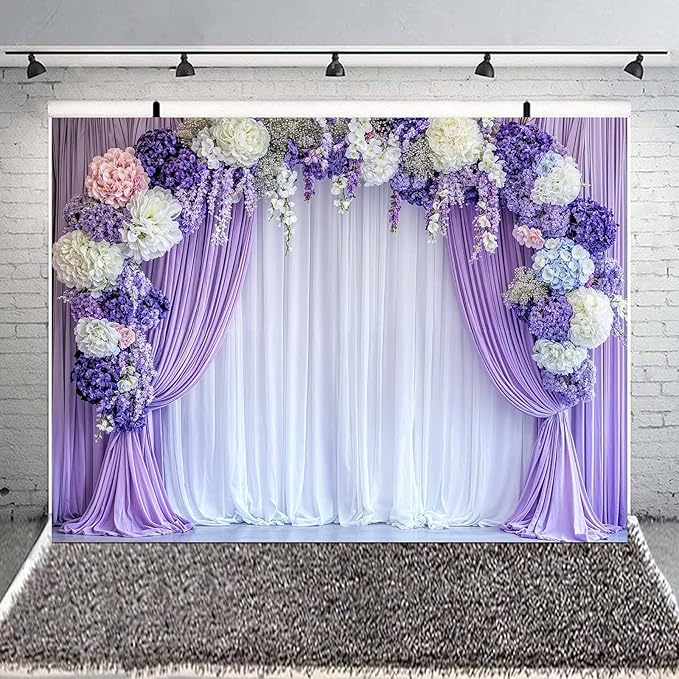 9 x 6 ft Flower Photo Backdrop Floral Purple Photography Background White Curtain Spring Wedding Baby Shower Girl Princess Birthday Party Supplies Photo Studio Props
