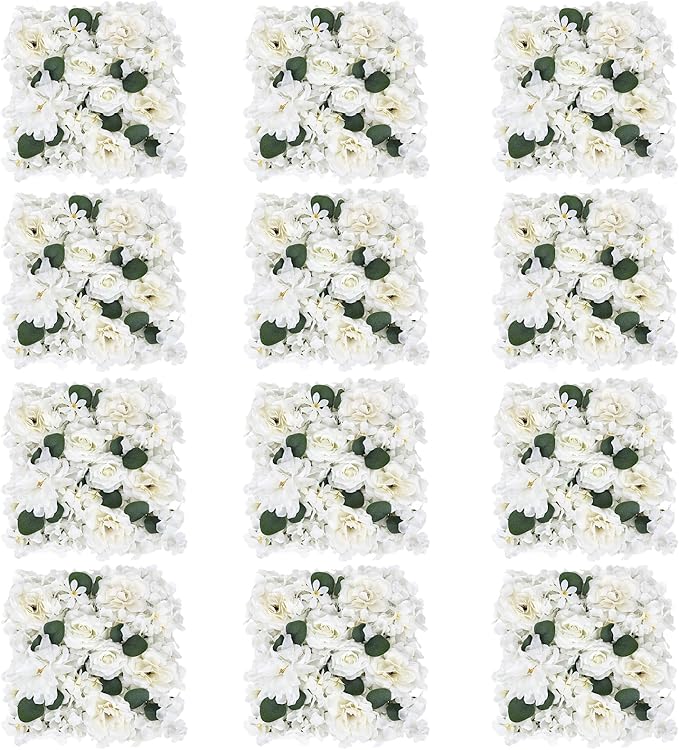 Pack of 12 Artificial Silk Flower Panels, Faux Floral Wall Background for Wedding Party Engagement Bridal Shower Arrangement Home Decorations - White