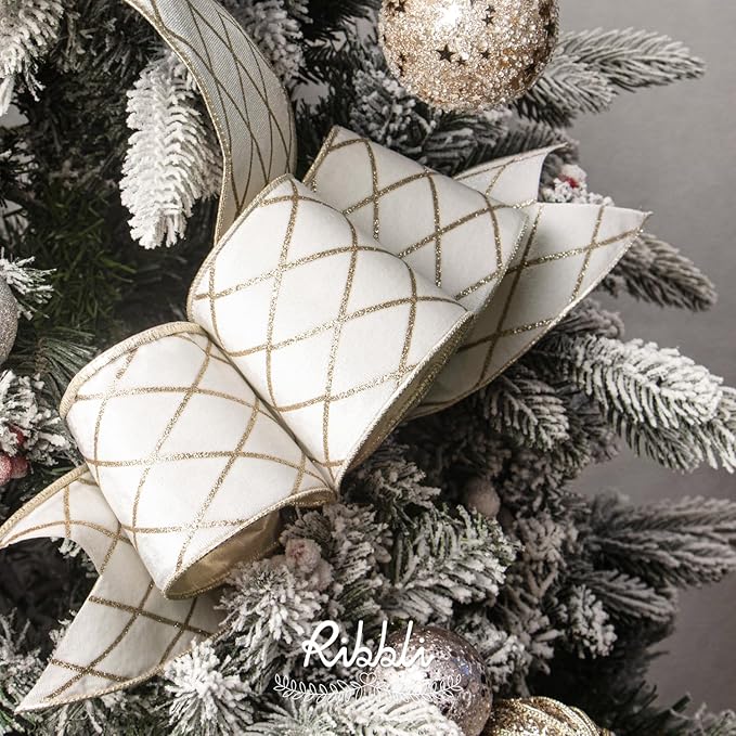 Ribbli White Velvet Ribbon Wired with Glitter Diamond Grid 4 Inch Christmas Ribbon for Christmas Tree Decoration Big Bow Gift Wrapping Crafts Wreaths Garland Supplies - 10 Yards
