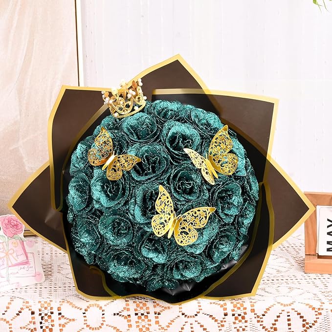 Waipfaru Glitter Roses Bouquet, DIY Fake Flowers Bouquet, Birthday Gifts for Women Mom, 24 Pcs Dark Green Rose for Wife Girlfriend Valentines, Mothers Day, Anniversary, Graduation