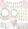 175 PCS Spring Wildflower Party Decorations include Plates, Cups, Napkins, Cutlery, Cake Toppers, Banner, Tablecloth, Balloons for Floral Baby Shower Birthday Decorations, Serves 20