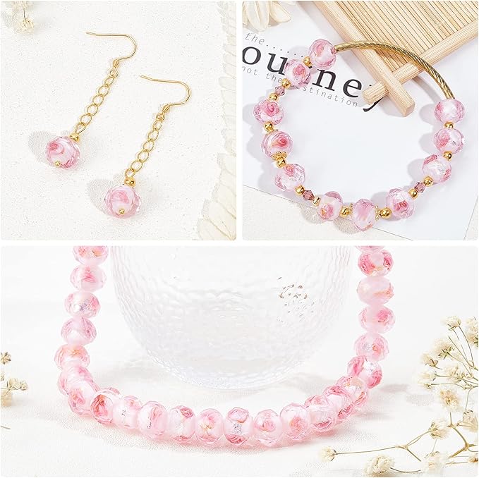 PH PandaHall 45pcs 11~12mm Pink Rose Lampwork Glass Beads Silver Foil Glass Flower Beads Floral Handmade Lampwork Bead with 1.6~2mm Hole Round Loose Bead for Rosary Making Jewelry Craft Making