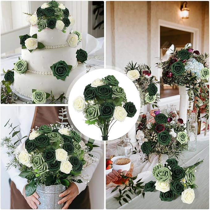 50 Pcs Artificial Foam Rose Flowers Faux Bouquet with Leaves and Stems for DIY Wedding Bouquets Centerpieces Bridal Shower Party Valentine Home Decorations (Gradient Green)