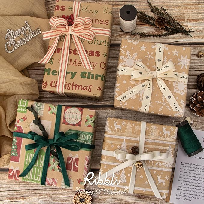Ribbli Christmas Wrapping Paper, 4 Rolls Vintage Kraft Wrapping paper, 17 Inch x 10 Feet Per Roll, Snowflakes Christmas Tree Gift Box Printed Assortment