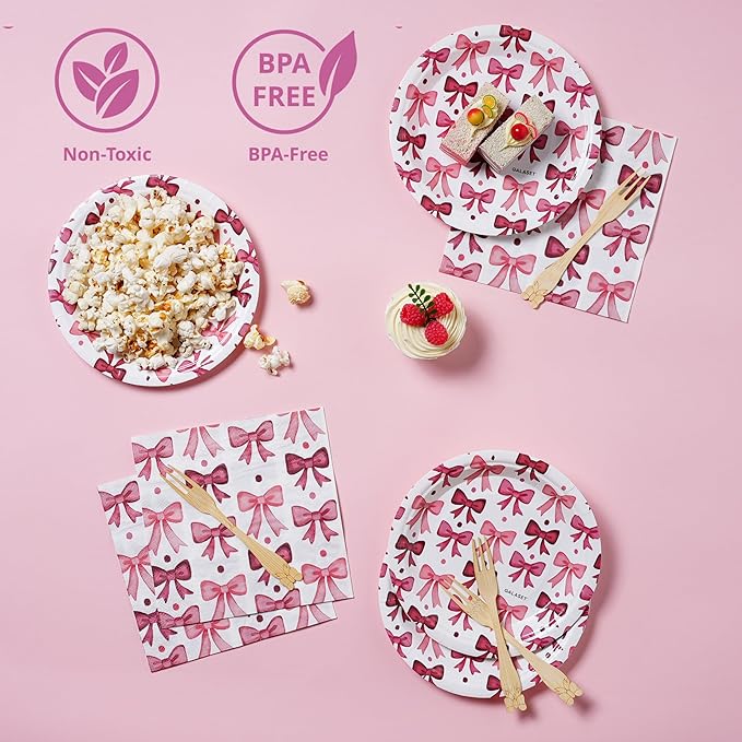 Pink Happy Birthday Decorations, Bow Coquette Birthday Decorations Includes Bow Plates, Napkins, Forks, Cupcake Toppers, Banner Balloons, and Pump Pink Decorations for Party, Serves 20