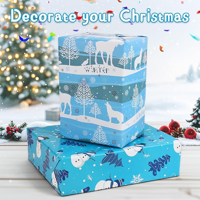 Boy Christmas Wrapping Paper Folded Sheets,Blue White Winter Xmas Wrapping Paper Christmas Paper Set for Boys Teen Men Kids Children,Papel de Regalo Navidad 4 Style Snowflake Deer Snoman Gift Wrap Holiday Gift Wrapper Paper with Gift Tag Ribbion for Ne...