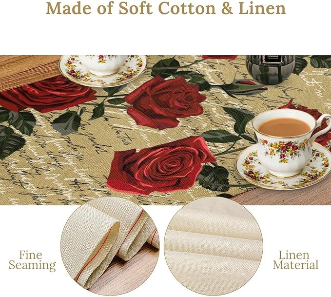 Red Rose Print Table Runner, Vintage Rose Spring Summer Seasonal Romantic Valentines Dinner Runner Table Decoration for Home Kitchen Dining Holiday Wedding Party 13x36in