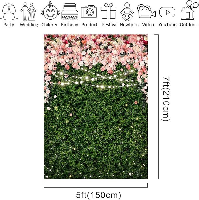 Riyidecor Flower Wall Backdrop Polyester Fabric Pink Rose Floral Blossom Green Leaves Plant Spring Nature Birthday 5Wx7H Feet Women Girls Photography Background Wedding Photo Studio Shoot