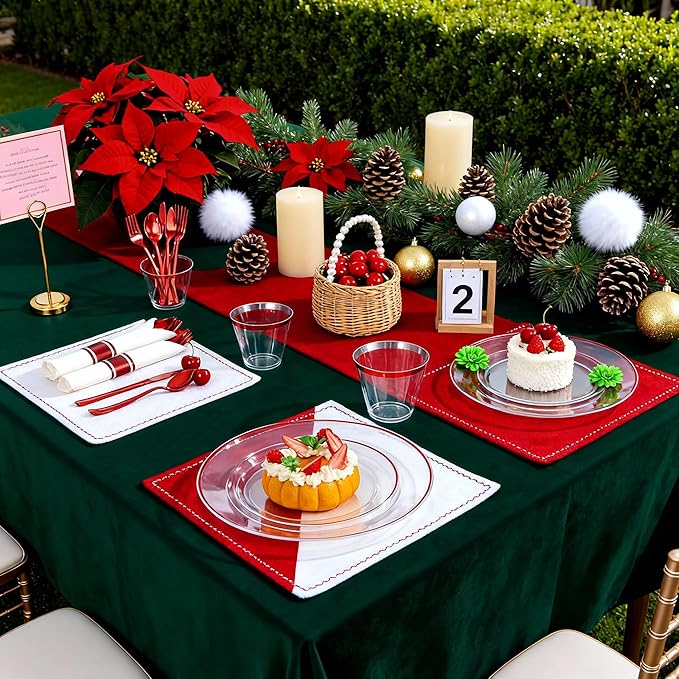 SUT 350 Pcs Red and Clear Plastic Dinnerware Set for 50 Guests, Include: 50 Dinner Plates, 50 Dessert Plates, 50 Pre Rolled Napkins With Silverware, 50 Cups, Disposable Plates for Party, Christmas