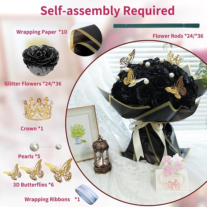 Glitter Roses Bouquet, Shiny Artificial Flowers with Stems DIY Fake Glitter Flowers Bouquet for Valentine's Day, Mother's Day, Anniversary, Graduation, Birthday, 24 Roses (Black)